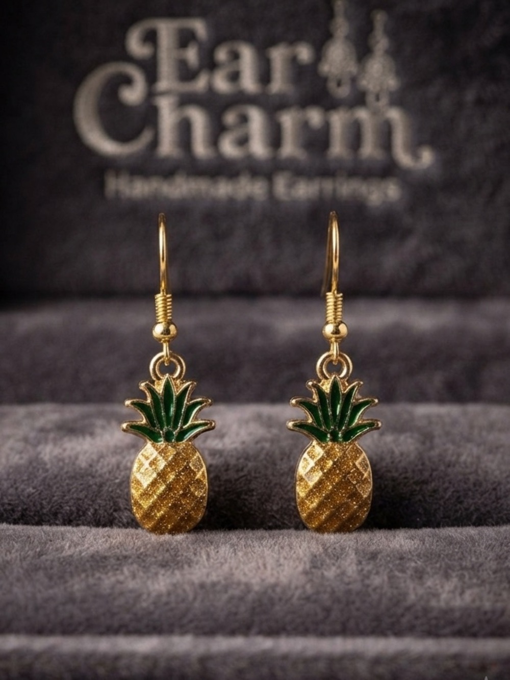 New - Pineapple Charm Drop Earrings - Gold and Green